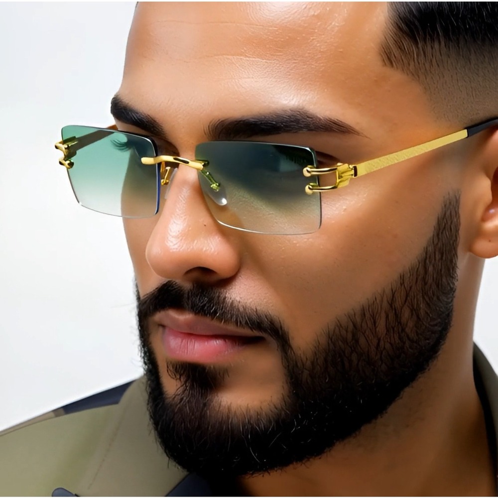 Rimless Sunglasses Green Lens Gold Accents Rectangle Fashion Shades Lentes Gafas